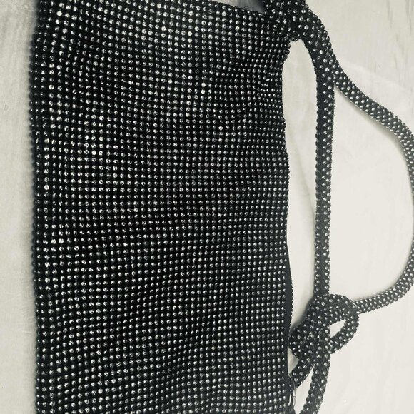 Vintage Handmade Beaded Evening Bag 1990s, Black Crystal Mesh, Zipper Closure - Picture 5 of 12
